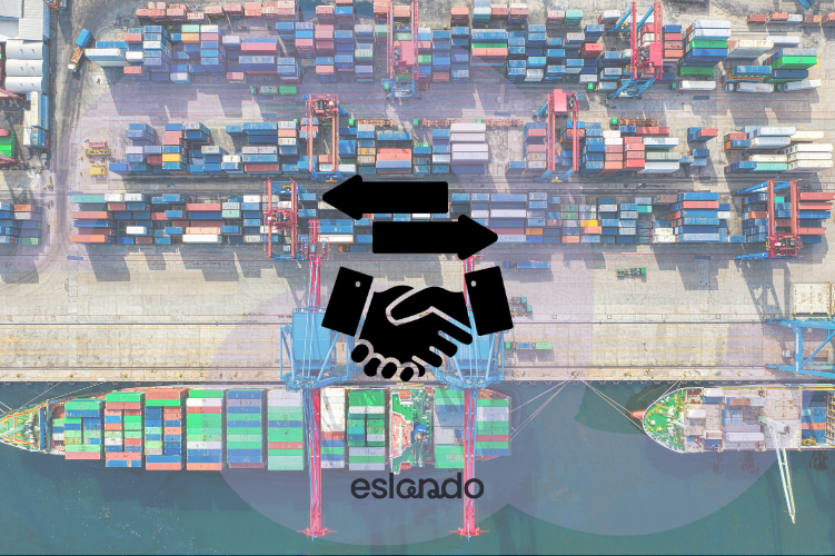 Aerial view of shipping containers at a port with handshake icon, symbolising global trade of textile waste.