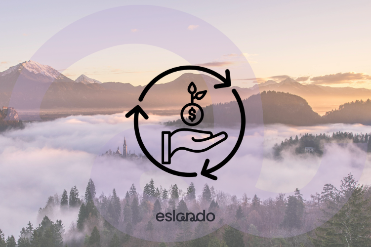 Hand holding a sprouting plant with dollar symbol inside a recycling loop, symbolising the benefits of textile recycling.